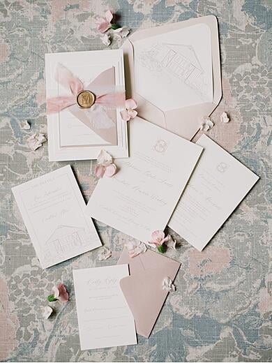 Blush and Gold Wedding Invitation with Custom Illustration of The Nest in Dallas Texas with Silk Ribbon with Wax Seal