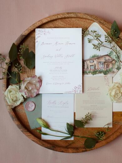 Blush and White Invitation with Wedding Venue Sketch in Envelope Liner. Vellum Belly Band and Wax Seal