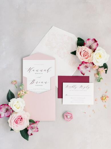 Simple Modern Minimalist Wedding Invitation in Dusty Rose and Burgundy with Pocket, Floral Envelope Liner and Guest Addressing