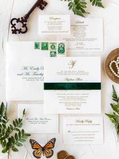 Classic and Elegant, Formal Wedding Invitation with Green Velvet Ribbon, Metallic Gold Thermography, Envelope Liner and Addressing