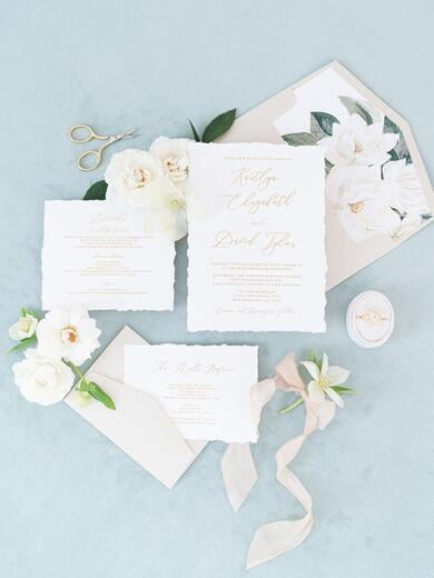 Clean and Simple White and Metallic Gold Wedding Invitation with Torn Edges, Water Magnolias, RSVP and Addressing