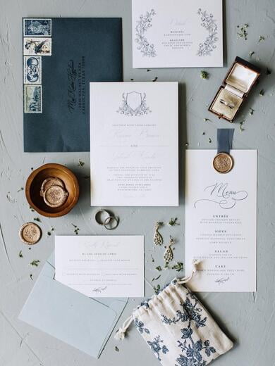 Dusty Blue & Slate Wedding Invitation with Floral Wedding Monogram Crest
