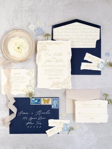 Fine Art Romantic Wedding Invitation, Torn Edges on White Linen in Gold Calligraphy and Delicate Hand Drawn Leaves, Ribbon and Wax Seal