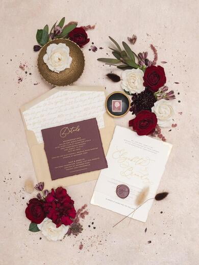 Gold Foil Flakes on Modern and Simple Wedding Invitation, with Torn Edges, Vellum Belly Band and Wax Seal in Burgundy