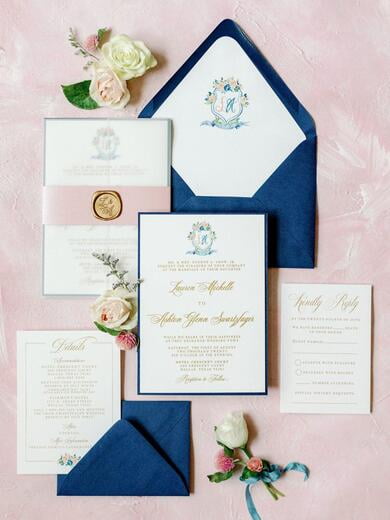 Raised Gold Thermography Wedding Invitation with Custom Floral Water Color Monogram in Navy and Blush