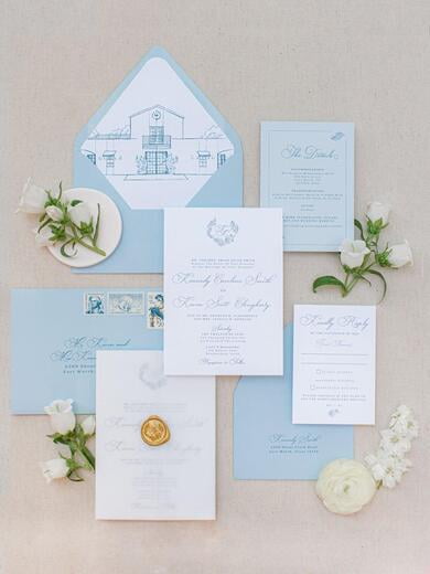 Vellum Wrapped Wedding Invitation with Custom Venue Sketch and Gold Wax Seal in Pale Blue