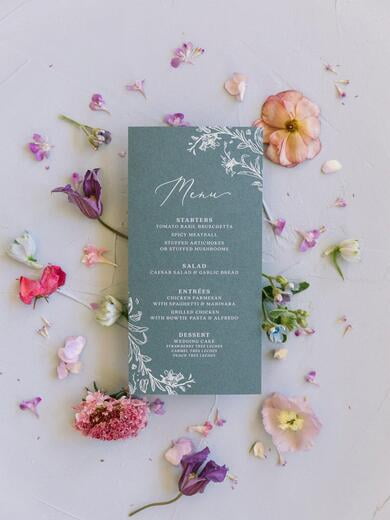White Ink Menu on Slate Blue with Florals