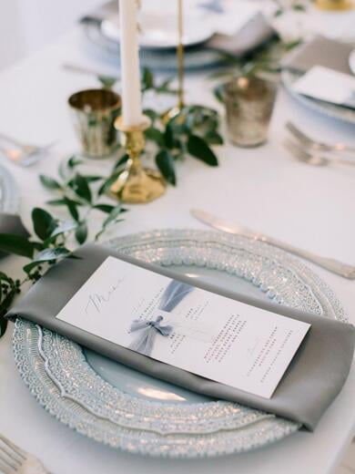 Minimal Modern Menu in Dusty Blue with Place Card Tied with Silk Ribbon