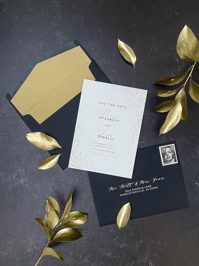 Golden Line Drawn Leaves Save the Date with Black Envelopes