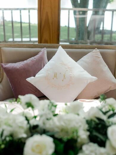 Wedding Monogram on Pillow in Blush and Gold