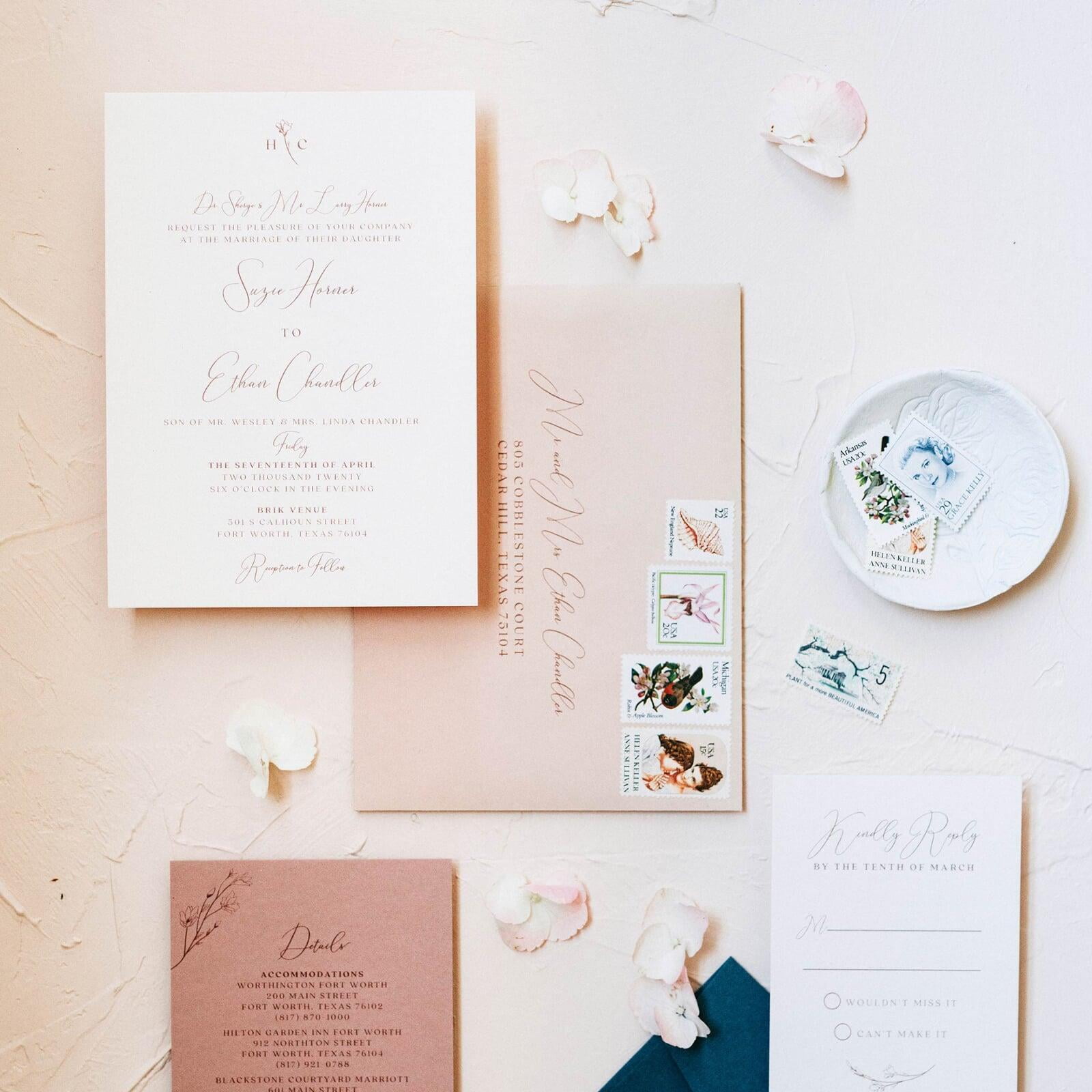 Suzie's Pale Pink and Dusty Blue Floral Monogrammed Wedding Invitation