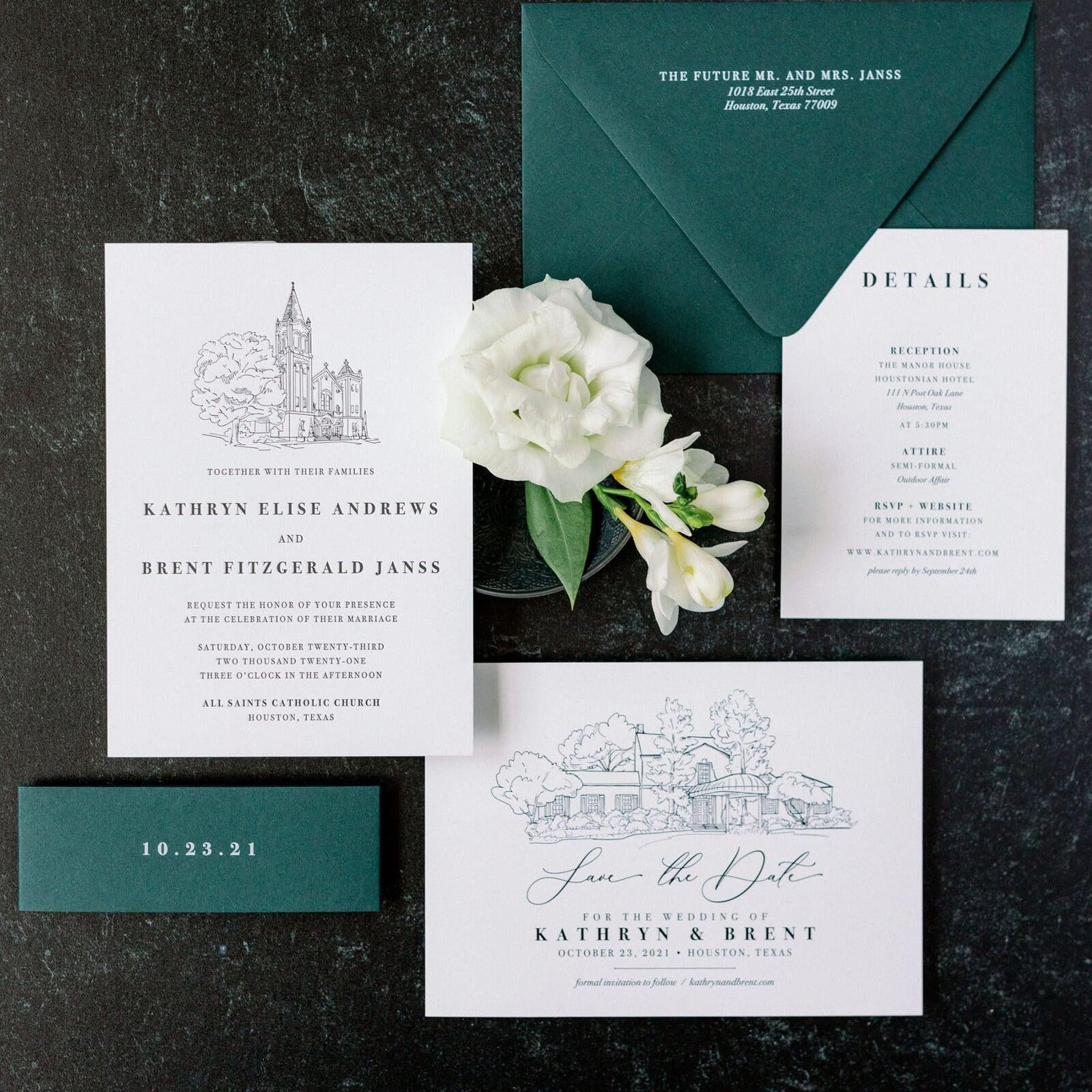 Allie's Gold Thermography Monogrammed Wedding Invitation with Emerald Green Velvet Band