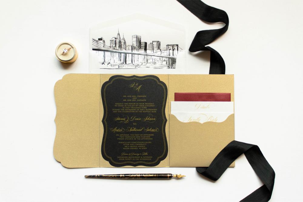 custom pocket wedding invitations black and gold wedding invitations
