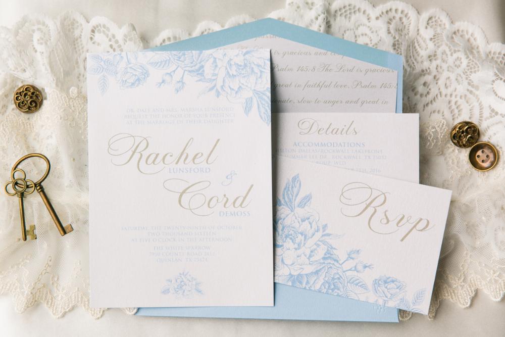 Light & Airy Blue and Gold Vintage Floral Wedding Invitation