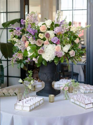 Simple White and Blush Escort Cards with Mauve Silk Ribbon