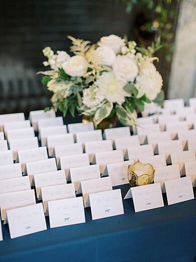 Tented Wedding Escort Cards in Blue and White with Meal Choice Icon
