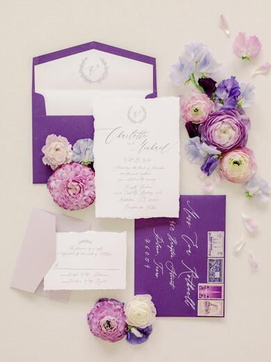 All Calligraphy Script Deckled Edge Wedding Invitation in Shades of Purple