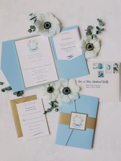 Blue and Gold Pocket Wedding Invitation with Custom Water Color Monogram Crest
