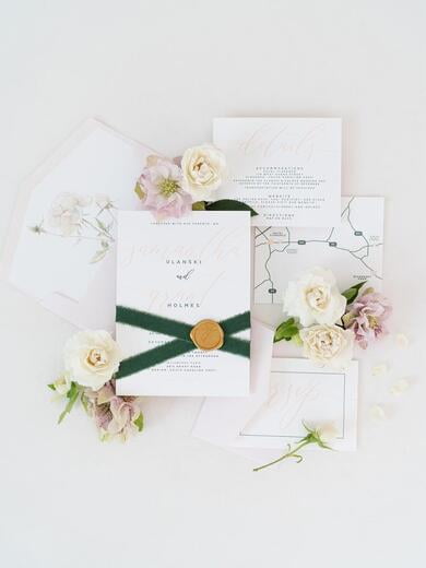 Blush Pink Wedding Invitation, Water Color Floral in Liner, Green Linen Ribbon and Gold Wax Seal, Custom Map and Envelope Addressing