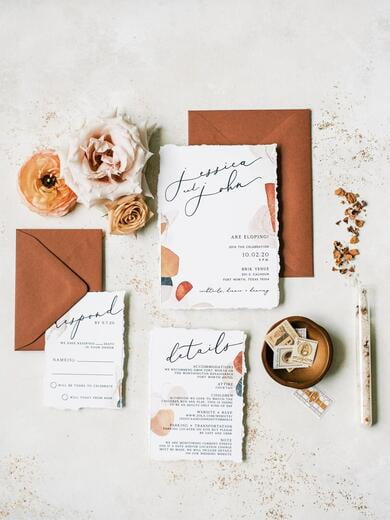Boho Wedding Invitation with Abstract Shapes in Terra-Cotta, Sepia, Blush and Brown and Ripped Edges, with Details, RSVP and Address Printing