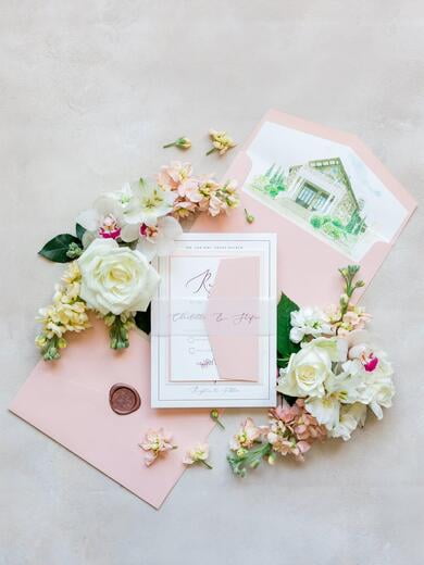 Blush Pink Wedding Invitation Featuring Custom Venue Illustration, Vellum Belly Band and Calligraphy Script