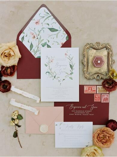 Burgundy and Blush Floral and Greenery Leaves Wedding Invitation with Modern Calligraphy and Envelope Addressing