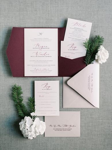 Burgundy and Taupe Pocket Invitation with Simple Greenery Initial