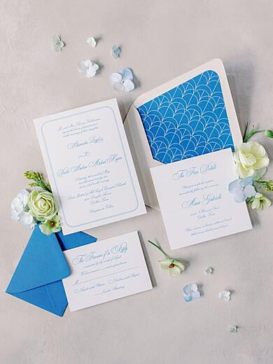 Classic Script Traditional Wedding Invitation in Bright Blue with Geometric Envelope Liner at Marie Gabrielle in Dallas