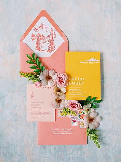 Colorado Destination Wedding with Mountain Landscape Scene in Bright Color Coral Orange and Yellow