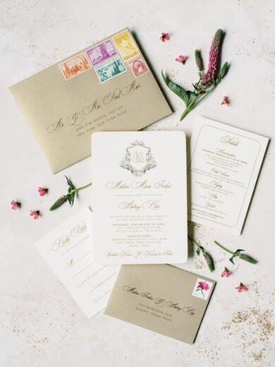 Colorful Water Color Monogram Wedding Invitation with Metallic Gold Thermography at Rosewood Mansion in Dallas Texas