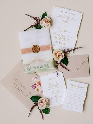 Custom Water Color Venue Illustration on Vellum Wrap with Velvet Ribbon and Gold Wax Seal