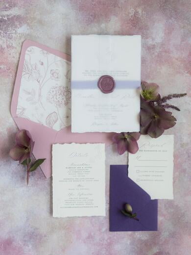 Dusty Rose and Purple Wedding Invitation with Deckled Edges, Simple Crest Monogram and Floral Envelope Liner