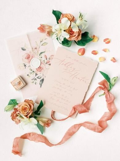 Floral Vellum Wrap Wedding Invitation on Dusty Rose, Modern Calligraphy with Deckled Edges, and White Wax Seal