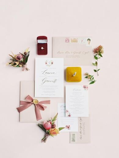 Gold Foil Wedding Invitation with Burgundy and Blush Floral Monogram Wreath with Ribbon, Envelope Liner, and Guest Addressing