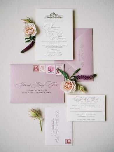 Gold Foil and Blush Wedding Invitation with Custom Venue Sketch of The Olana