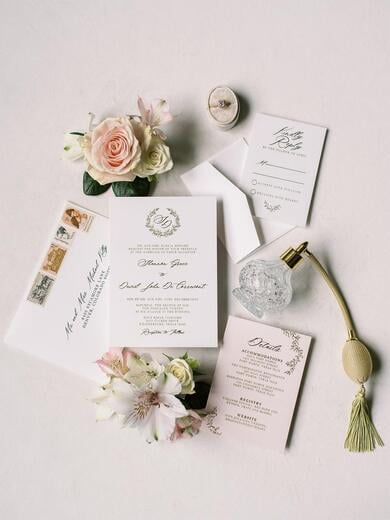 Gold Metallic Foil Press and Blush Wedding Invitation Featuring Wreath Monogram Wreath, Timeless and Classic Design