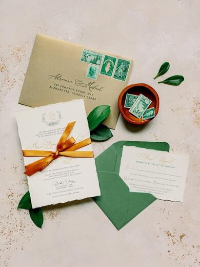 Green and Gold Invitation with Line Drawn Monogram and Gold Satin Ribbon Bow