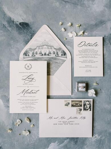 Black Letterpress & White Wedding Invitation Featuring The Olana Water Color Wedding Venue Illustration, and Simple Monogram Wreath