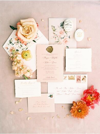 Blush Water Color Floral Wedding Invitation with Envelope Liner and Wax Seal