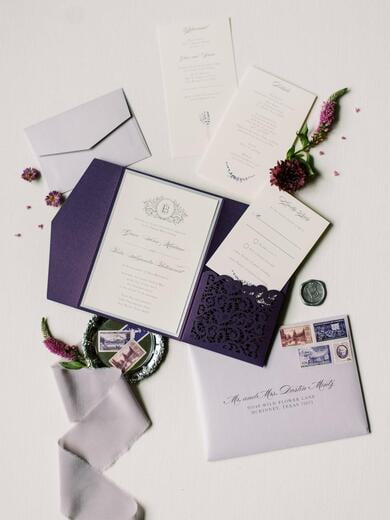 Laser Cut Pocket Wedding Invitation in Plum and Lavender with Monogram and Wax Seal