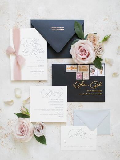 Minimal and Modern Black, Pink, and Gold Foil with Blush Silk Ribbon, Wedding Invitation