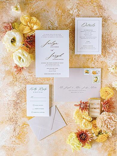 Minimalist Wedding Invitation in Gold Foil and Taupe