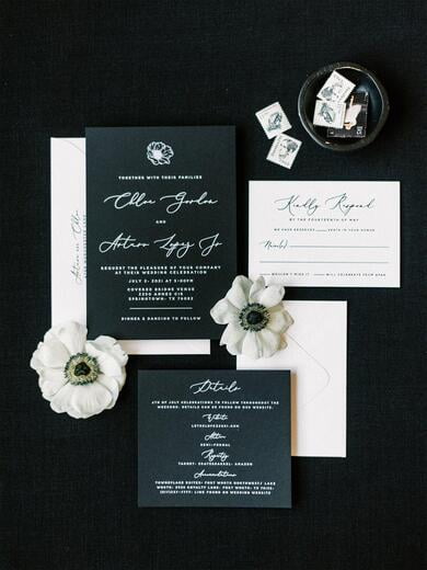 Modern, Black Invitation with White Ink and Simple Floral Detail