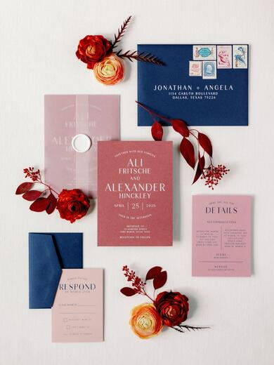 Modern Minimal Pink Vellum Wrapped Invitation in Dusty Pomegranate, Peachy Pink and Navy Blue with Wax Seal