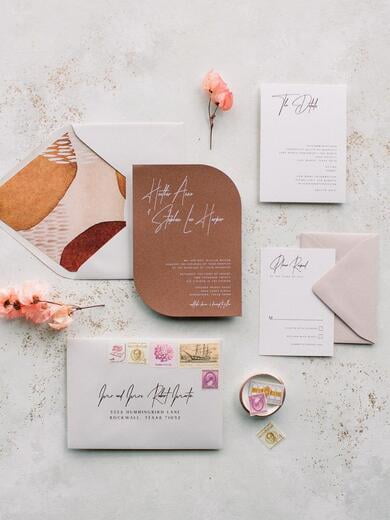 Modern, Playfully Shaped Die Cut Terra-Cotta Wedding Invitation in Taupe, Earth Tones and Blush