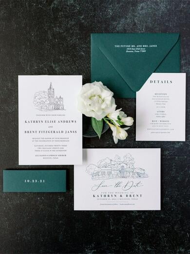 Modern Wedding Invitation with Church Venue Sketch in Green