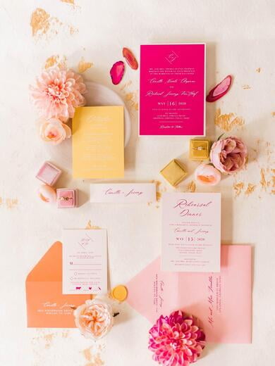 Modern and Bright Wedding Invitation in Hot Pink, Yellow, Orange and Pale Pink with Belly Band