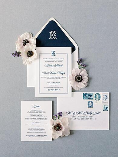 Navy and White Classic Monogram Wedding Invitation at Lone Star Mansion
