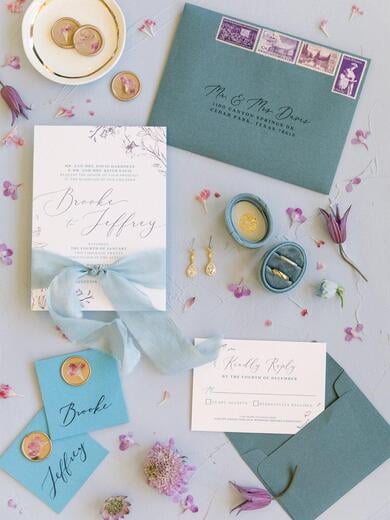 Purple, Slate Blue and Violet Line Drawn Floral Wedding Invitation with RSVP, Envelope, and Return Address