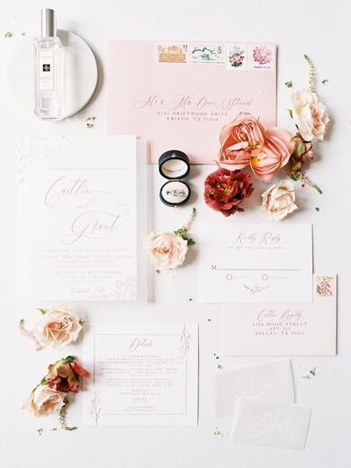 Romantic. Floral Vellum Wedding Invitation in Mauve and Blush with Peachy Pink Envelope and Guest Addressing